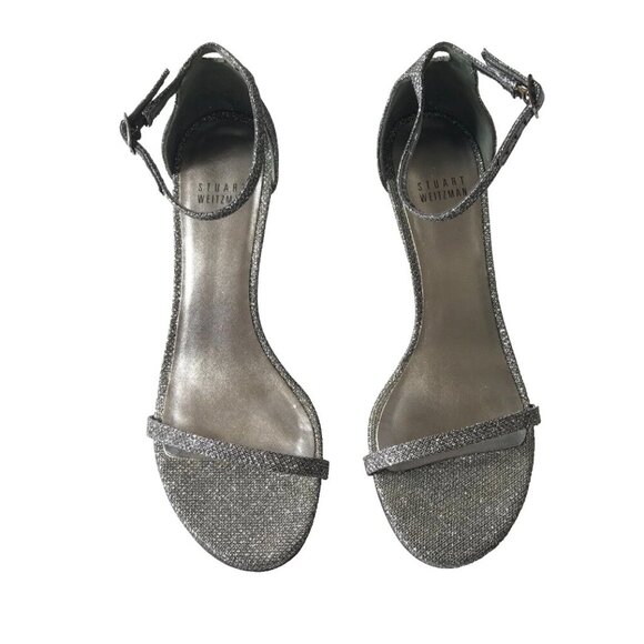 Stuart Weitzman Naked Glitter Sandals Heels Womens 7 Gray Pewter Leather Nudist - Picture 5 of 13
